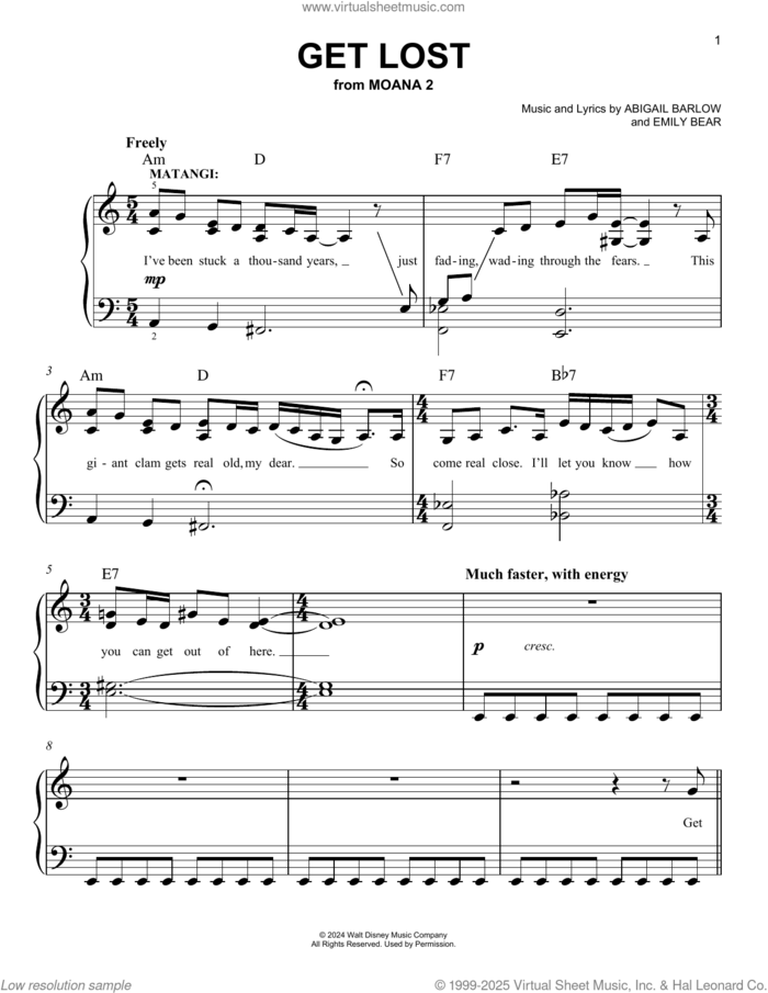 Get Lost (from Moana 2) sheet music for piano solo by Abigail Barlow & Emily Bear, Abigail Barlow and Emily Bear, easy skill level