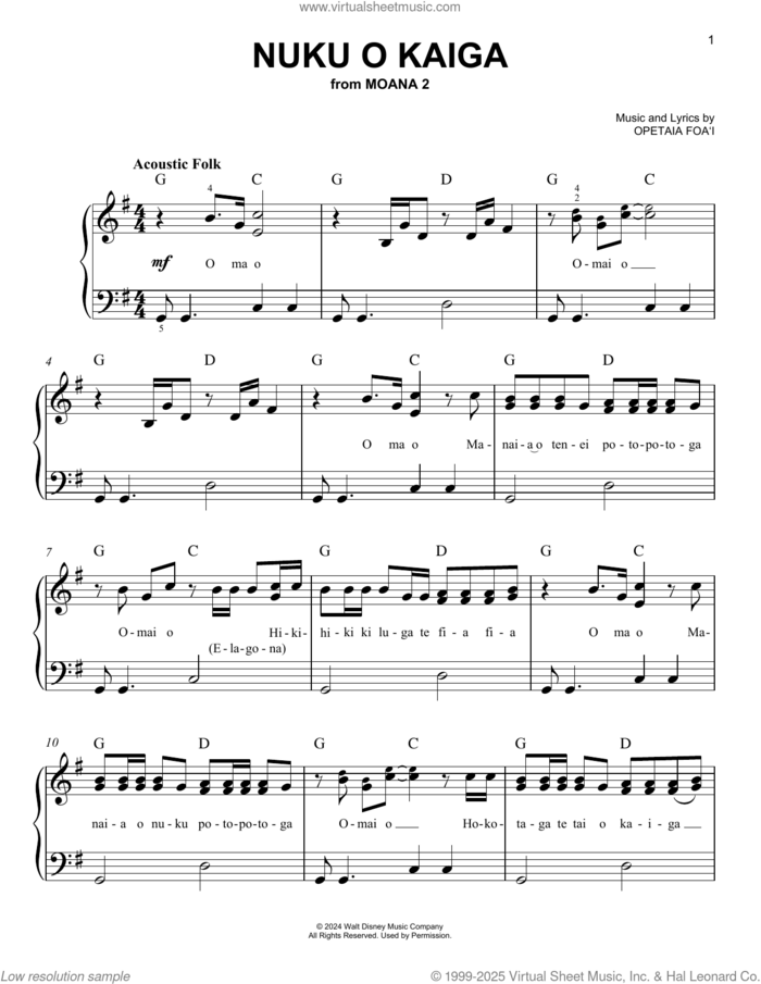 Nuku O Kaiga (from Moana 2) sheet music for piano solo by Opetaia Foa'i, easy skill level