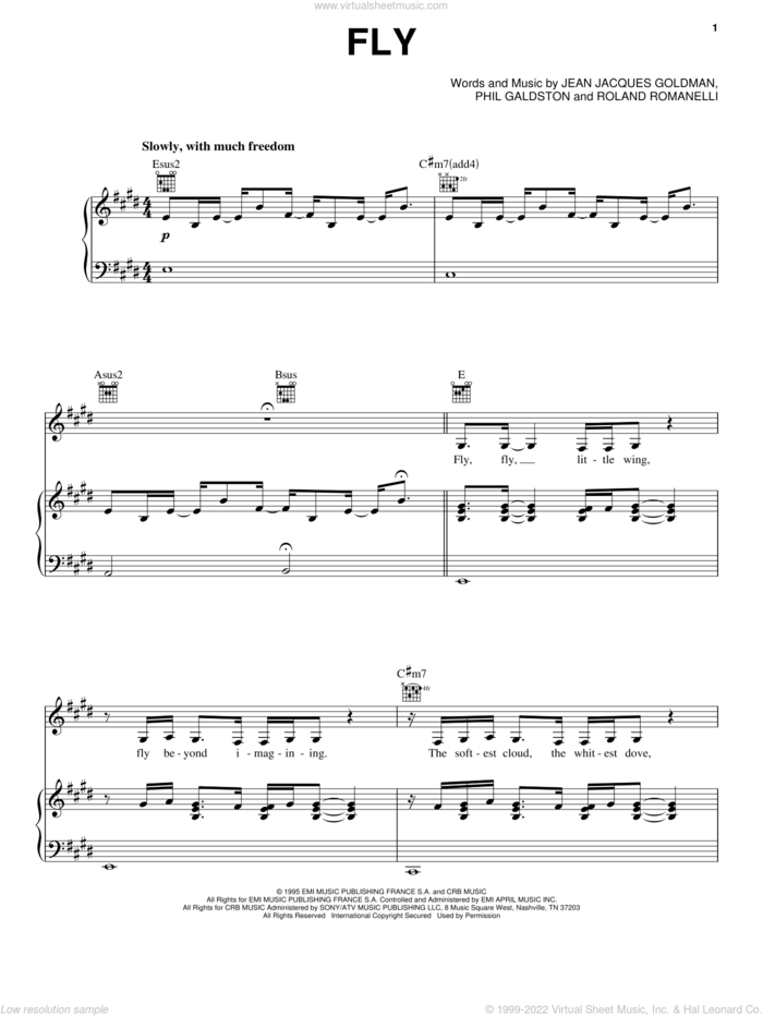 Fly sheet music for voice, piano or guitar by Celine Dion, Jean Jacques Goldman, Phil Galdston and Roland Romanelli, intermediate skill level