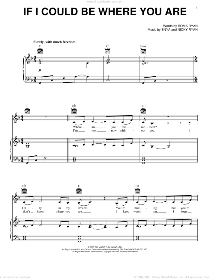 If I Could Be Where You Are sheet music for voice, piano or guitar by Enya, Nicky Ryan and Roma Ryan, intermediate skill level