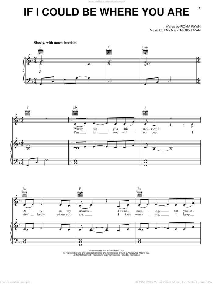 If I Could Be Where You Are sheet music for voice, piano or guitar by Enya, Nicky Ryan and Roma Ryan, intermediate skill level