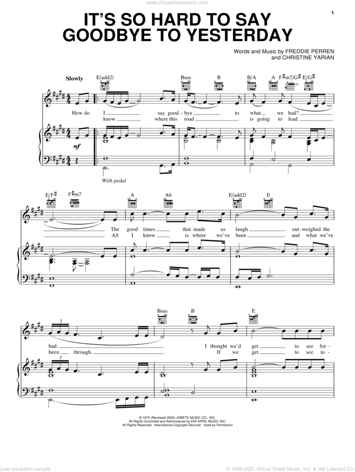 It's So Hard To Say Goodbye To Yesterday sheet music for voice, piano or guitar by Boyz II Men, Christine Yarian and Frederick Perren, intermediate skill level