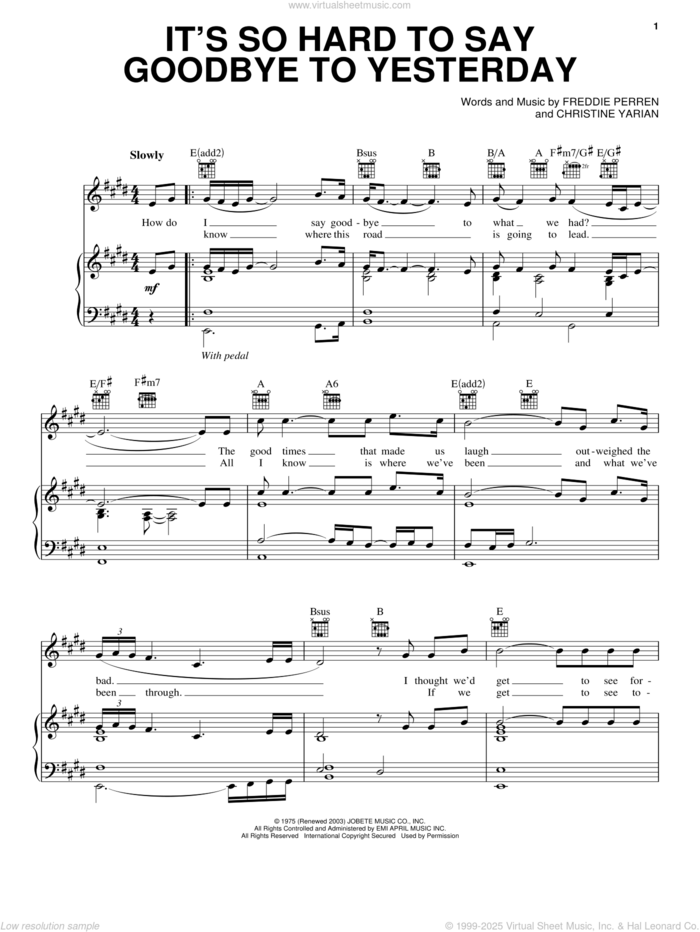 It's So Hard To Say Goodbye To Yesterday sheet music for voice, piano or guitar by Boyz II Men, Christine Yarian and Frederick Perren, intermediate skill level