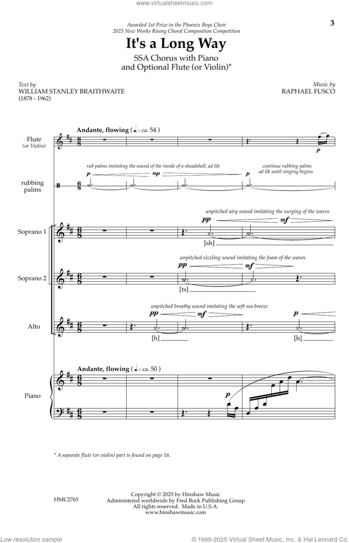 It's a Long Way sheet music for choir (SSA: soprano, alto) by Rafael Fusco and William Stanley Braithwaite, intermediate skill level