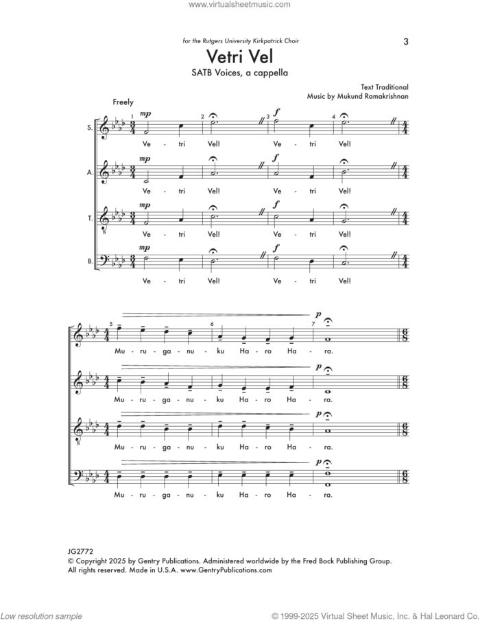 Vetri Vel sheet music for choir (SATB: soprano, alto, tenor, bass) by Mukund Ramakrishnan, intermediate skill level