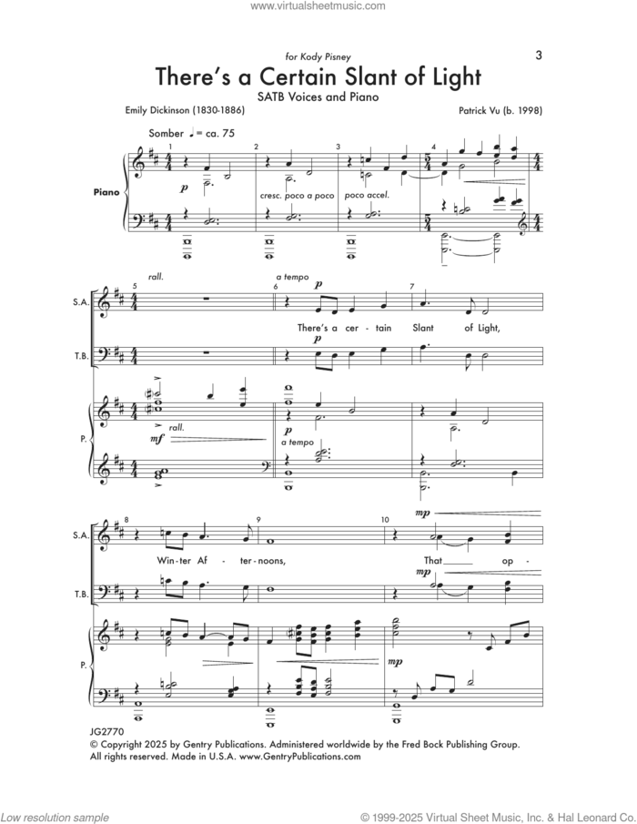 There's A Certain Slant Of Light sheet music for choir (SATB: soprano, alto, tenor, bass) by Patrick Vu and Emily Dickinson, intermediate skill level