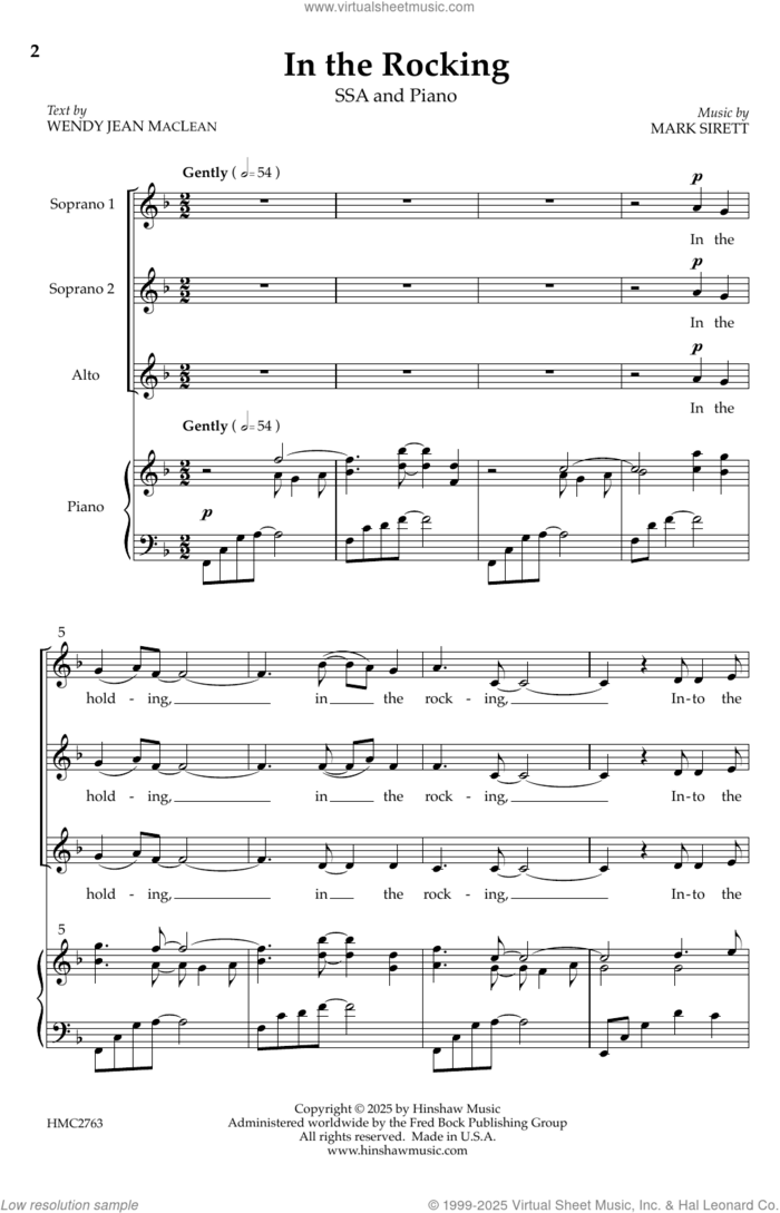 In the Rocking sheet music for choir (SSA: soprano, alto) by Mark Sirett and Wendy Jean McLean, intermediate skill level