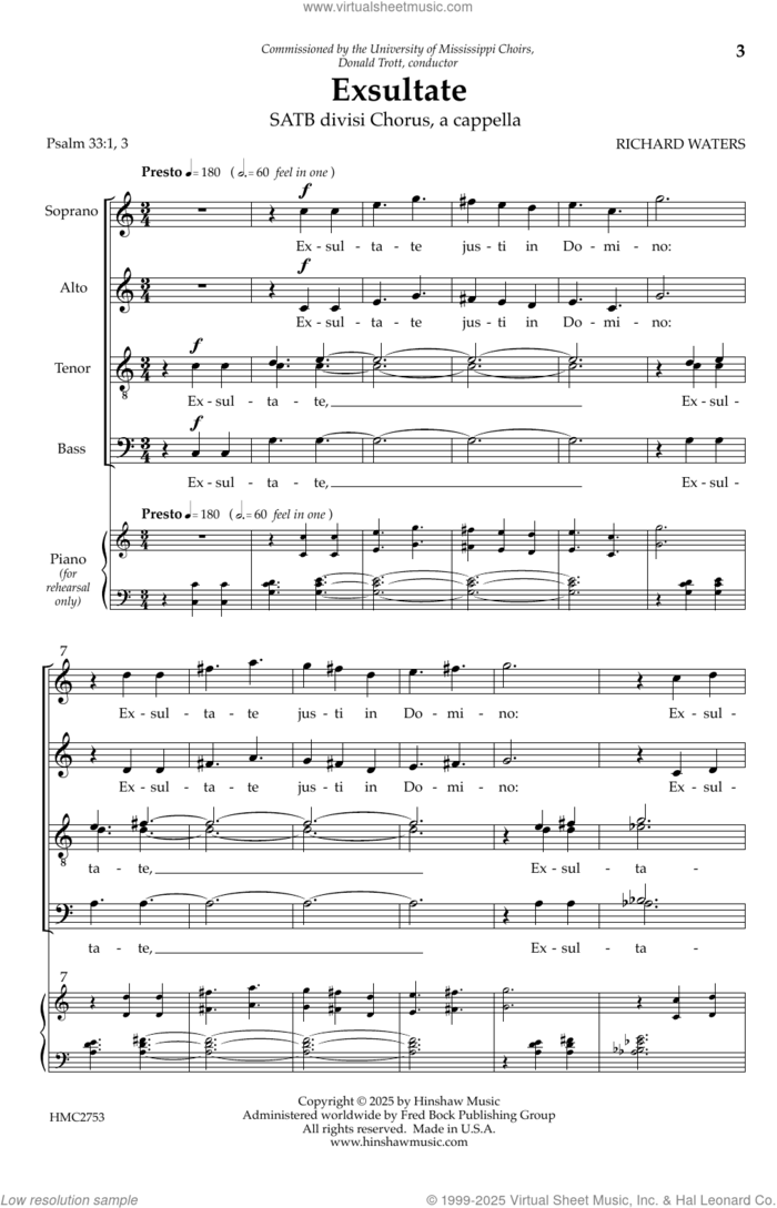 Exsultate sheet music for choir (SATB: soprano, alto, tenor, bass) by Richard Waters, intermediate skill level