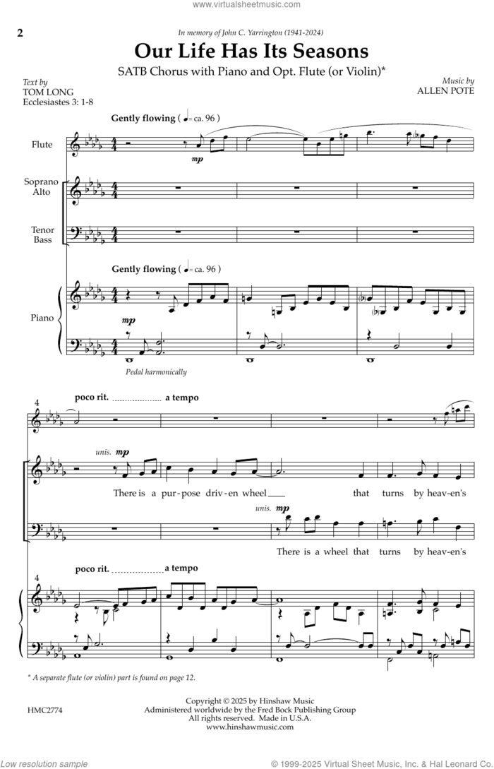 Our Life Has Its Seasons sheet music for choir (SATB: soprano, alto, tenor, bass) by Allen Pote and Tom Long, intermediate skill level