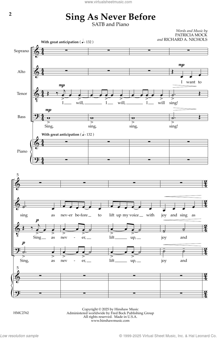 Sing As Never Before sheet music for choir (SATB: soprano, alto, tenor, bass) by Patricia Mock, Patricia Mock & Richard A. Nichols and Richard A. Nichols, intermediate skill level