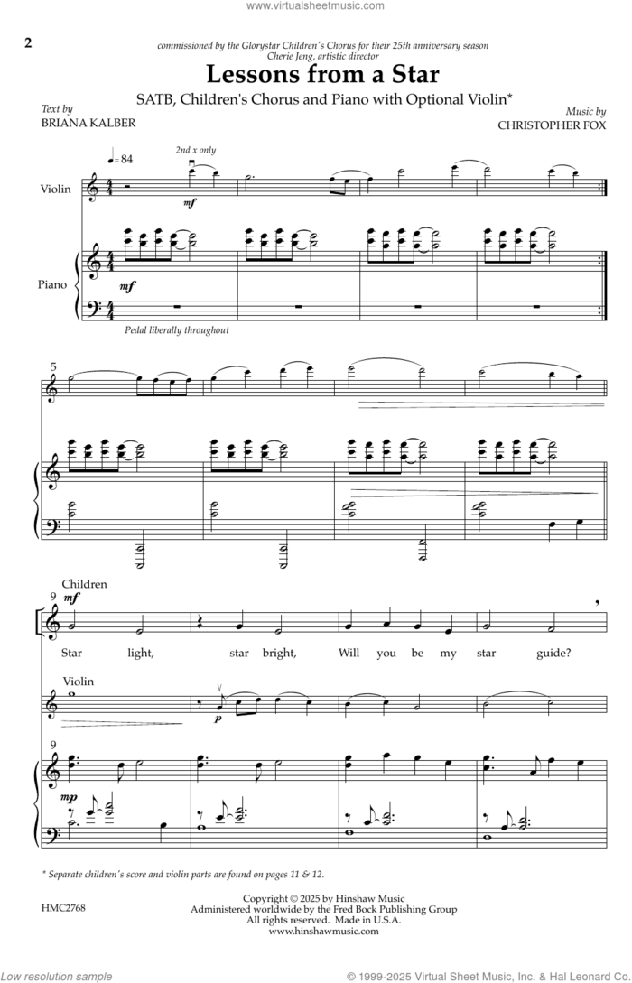 Lessons from a Star sheet music for choir (SATB: soprano, alto, tenor, bass) by Christopher Fox and Briana Kalber, intermediate skill level