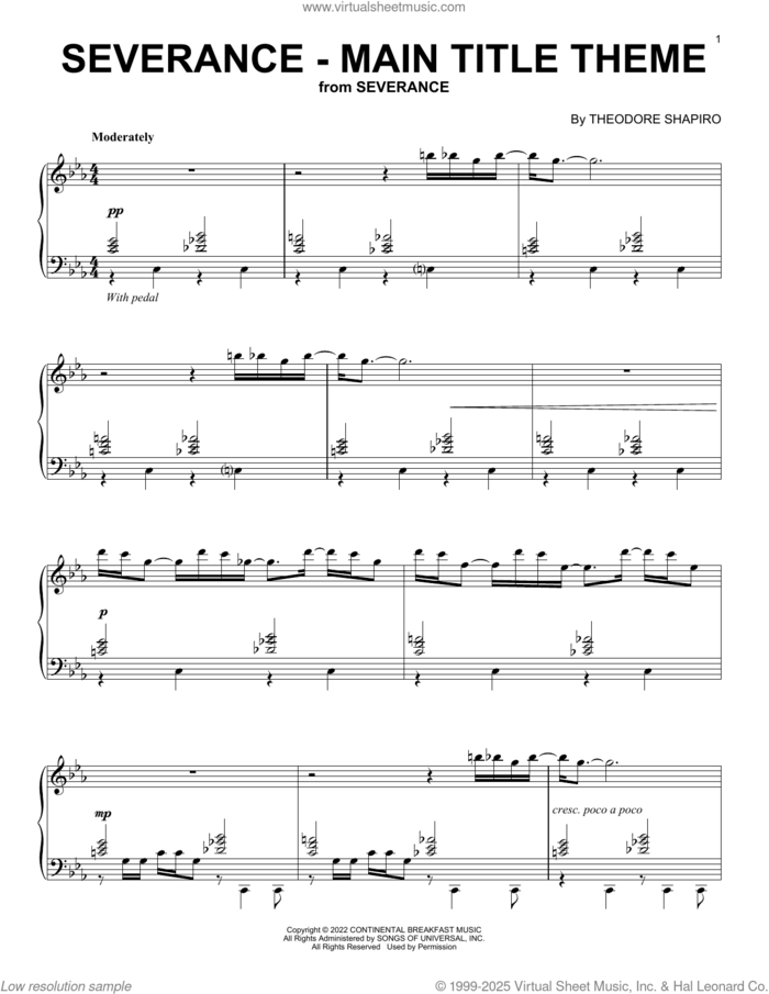 Severance - Main Title Theme sheet music for piano solo by Theodore Shapiro, intermediate skill level