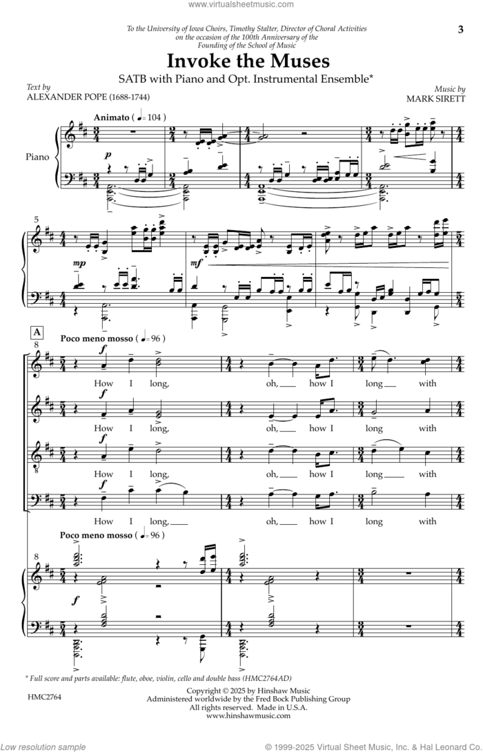 Invoke the Muses (from To Music - 3rd mvt.) sheet music for choir (SATB: soprano, alto, tenor, bass) by Mark Sirett and Alexander Pope, intermediate skill level