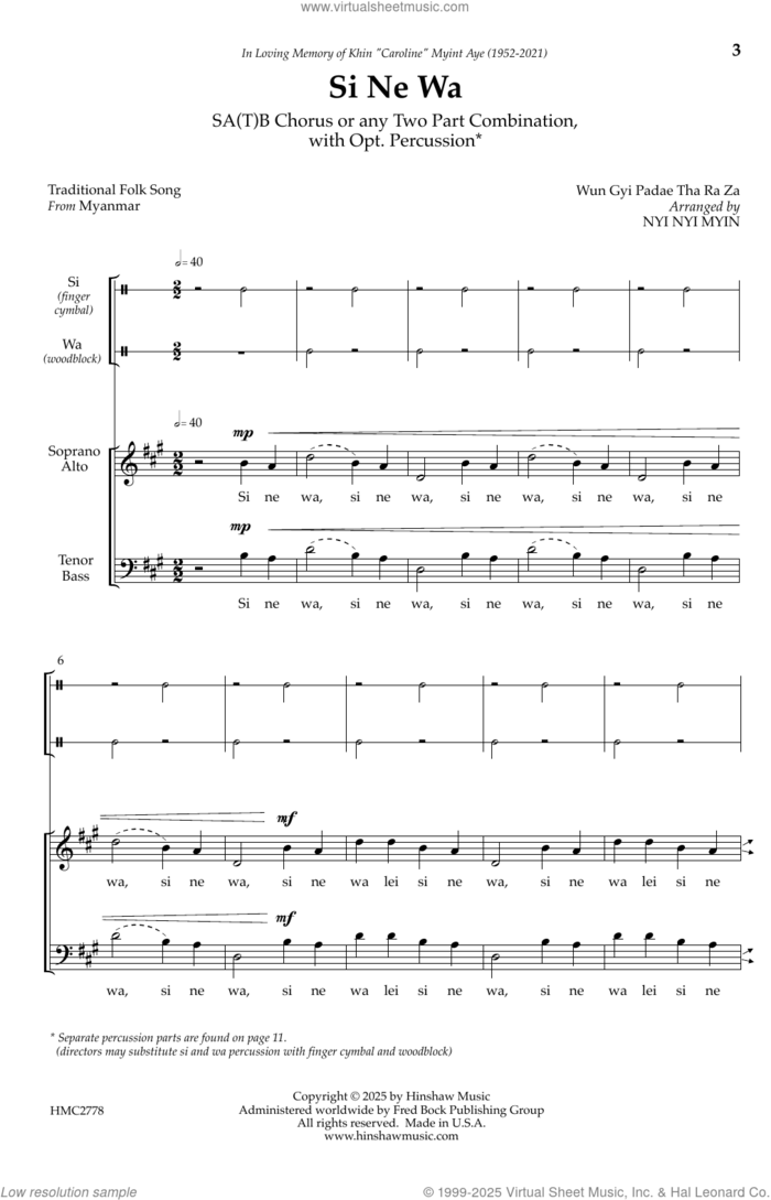 Si Ne Wa sheet music for choir (SATB: soprano, alto, tenor, bass) by Nyi Nyi Myin, intermediate skill level