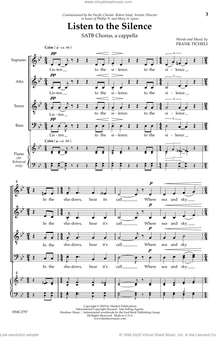 Listen to the silence sheet music for choir (SATB: soprano, alto, tenor, bass) by Frank Ticheli, intermediate skill level