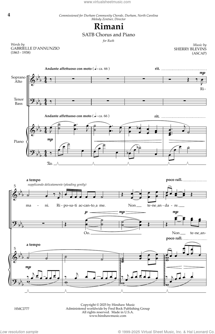 Rimani sheet music for choir (SATB: soprano, alto, tenor, bass) by Sherry Blevins, intermediate skill level