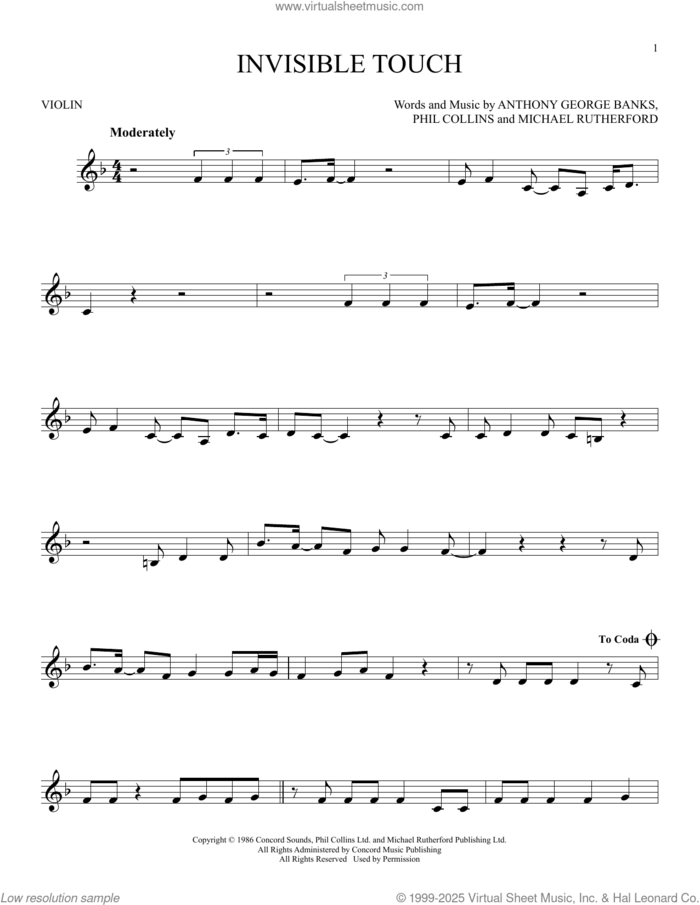 Invisible Touch sheet music for violin solo by Genesis, Anthony George Banks, Michael Rutherford and Phil Collins, intermediate skill level