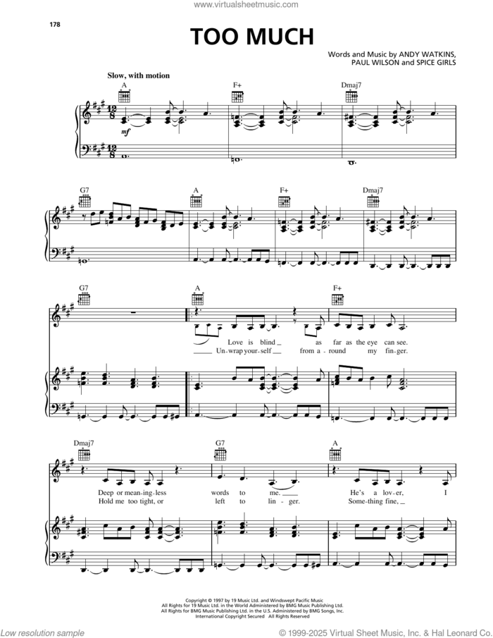 Too Much sheet music for voice, piano or guitar by Spice Girls, Andy Watkins, Emma Lee Bunton, Geri Halliwell, Melanie Chisholm, Melanie Gulzar, Paul Wilson and Victoria Beckham, intermediate skill level