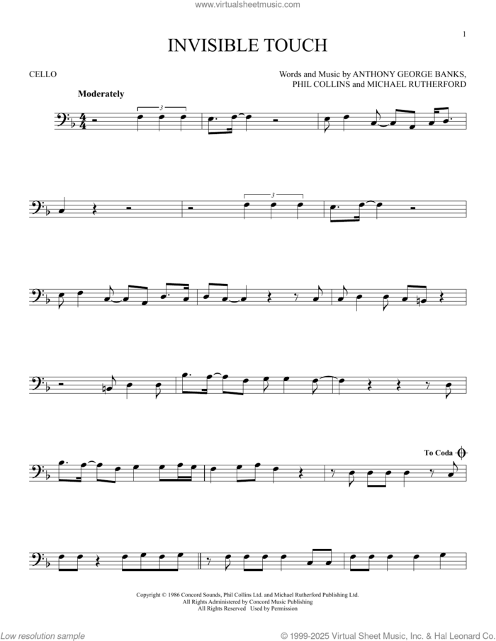 Invisible Touch sheet music for cello solo by Genesis, Anthony George Banks, Michael Rutherford and Phil Collins, intermediate skill level