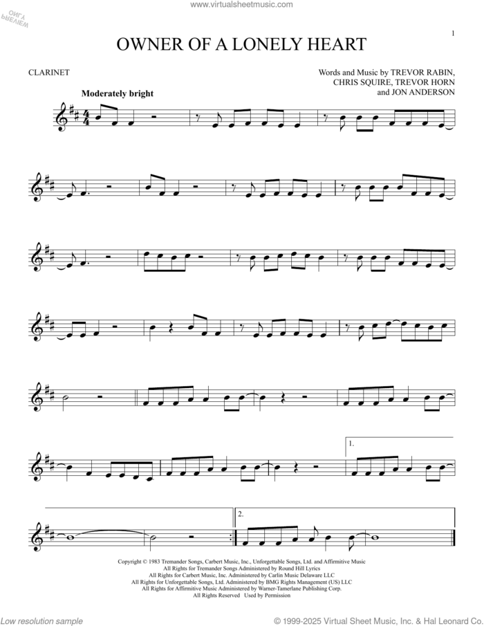 Owner Of A Lonely Heart sheet music for clarinet solo by Yes, Chris Squire, Jon Anderson, Trevor Horn and Trevor Rabin, intermediate skill level