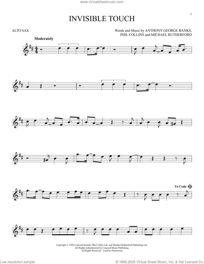 Invisible Touch sheet music for alto saxophone solo by Genesis, Anthony George Banks, Michael Rutherford and Phil Collins, intermediate skill level