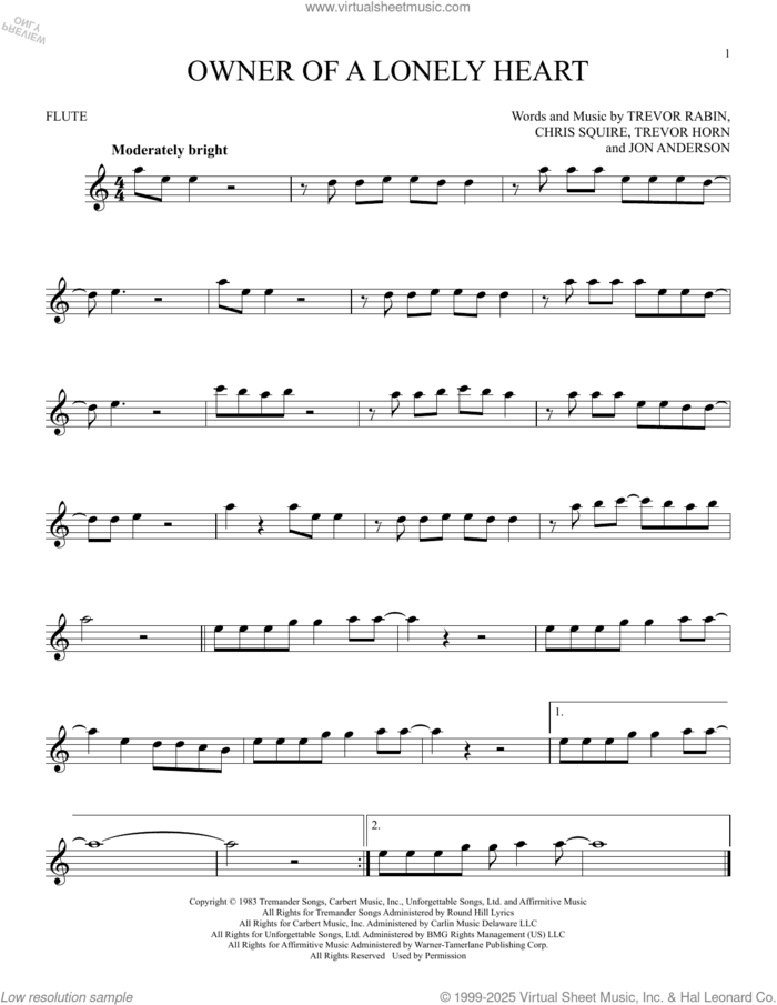 Owner Of A Lonely Heart sheet music for flute solo by Yes, Chris Squire, Jon Anderson, Trevor Horn and Trevor Rabin, intermediate skill level