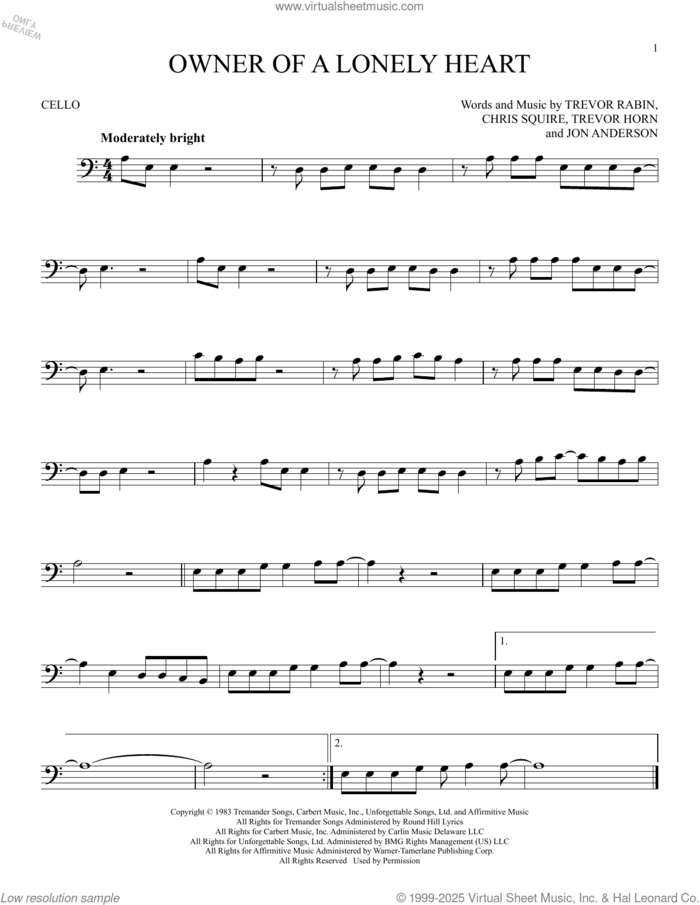 Owner Of A Lonely Heart sheet music for cello solo by Yes, Chris Squire, Jon Anderson, Trevor Horn and Trevor Rabin, intermediate skill level