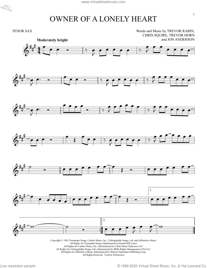 Owner Of A Lonely Heart sheet music for tenor saxophone solo by Yes, Chris Squire, Jon Anderson, Trevor Horn and Trevor Rabin, intermediate skill level