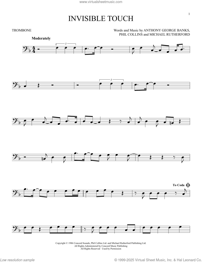 Invisible Touch sheet music for trombone solo by Genesis, Anthony George Banks, Michael Rutherford and Phil Collins, intermediate skill level