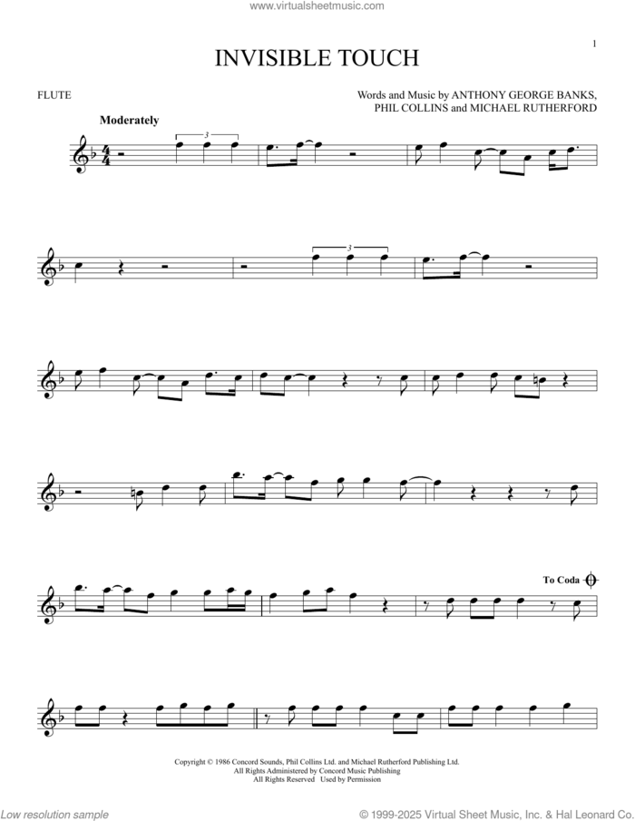 Invisible Touch sheet music for flute solo by Genesis, Anthony George Banks, Michael Rutherford and Phil Collins, intermediate skill level