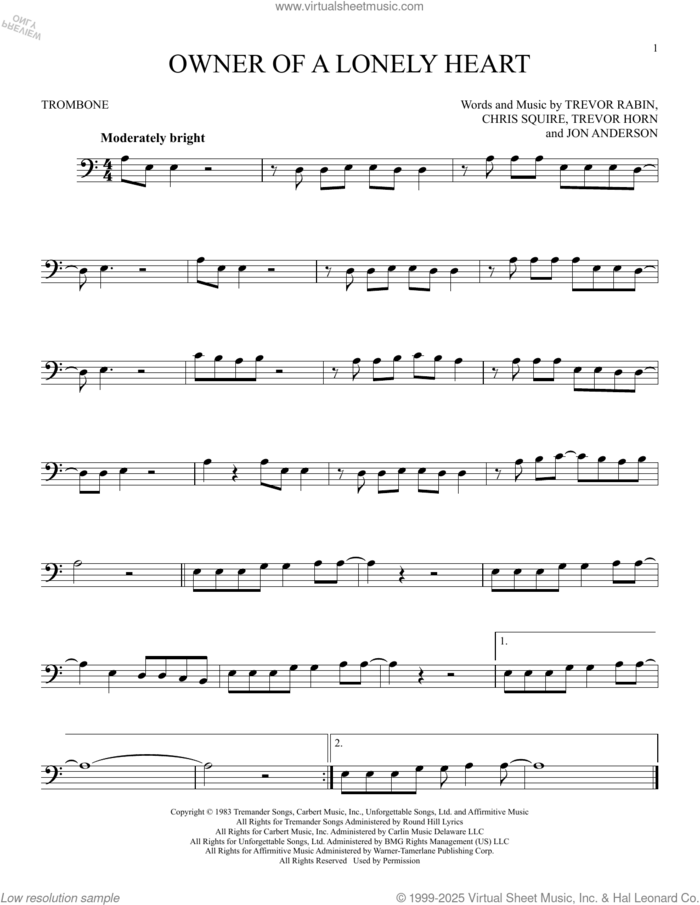 Owner Of A Lonely Heart sheet music for trombone solo by Yes, Chris Squire, Jon Anderson, Trevor Horn and Trevor Rabin, intermediate skill level