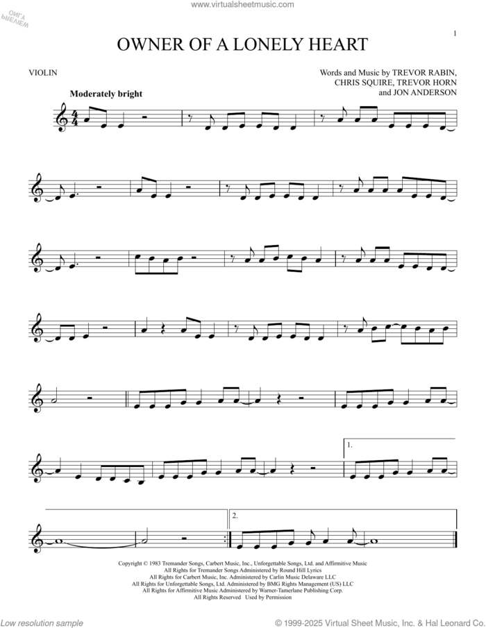 Owner Of A Lonely Heart sheet music for violin solo by Yes, Chris Squire, Jon Anderson, Trevor Horn and Trevor Rabin, intermediate skill level