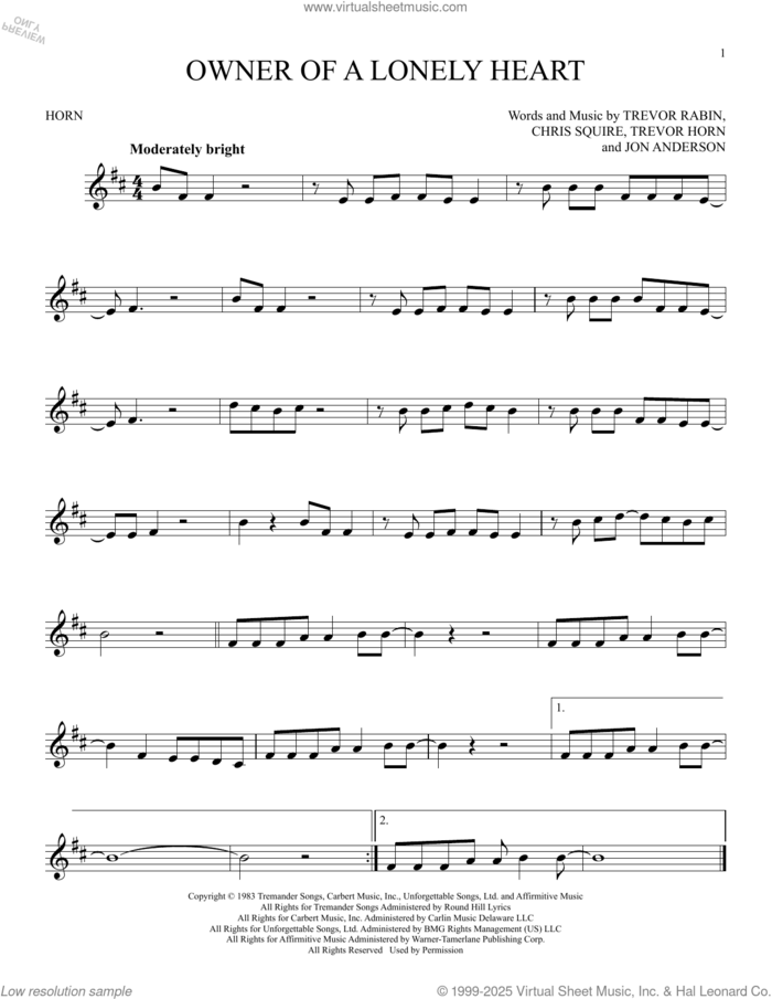 Owner Of A Lonely Heart sheet music for horn solo by Yes, Chris Squire, Jon Anderson, Trevor Horn and Trevor Rabin, intermediate skill level