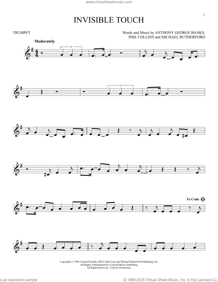 Invisible Touch sheet music for trumpet solo by Genesis, Anthony George Banks, Michael Rutherford and Phil Collins, intermediate skill level