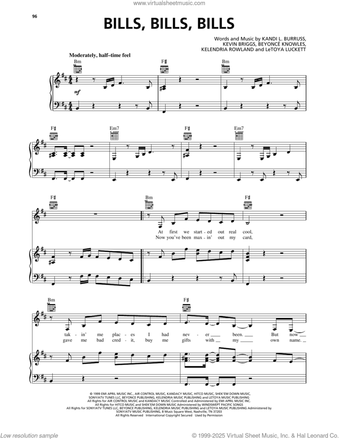 Bills, Bills, Bills sheet music for voice, piano or guitar by Destiny's Child, Beyonce, Kandi L. Burruss, Kelendria Rowland, Kevin Briggs and LeToya Luckett, intermediate skill level