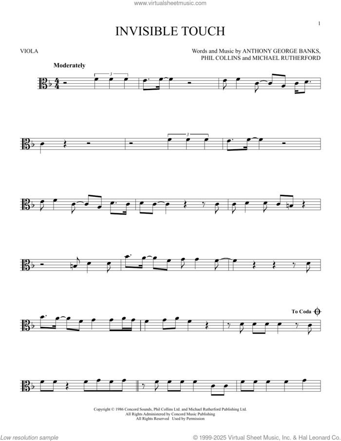 Invisible Touch sheet music for viola solo by Genesis, Anthony George Banks, Michael Rutherford and Phil Collins, intermediate skill level