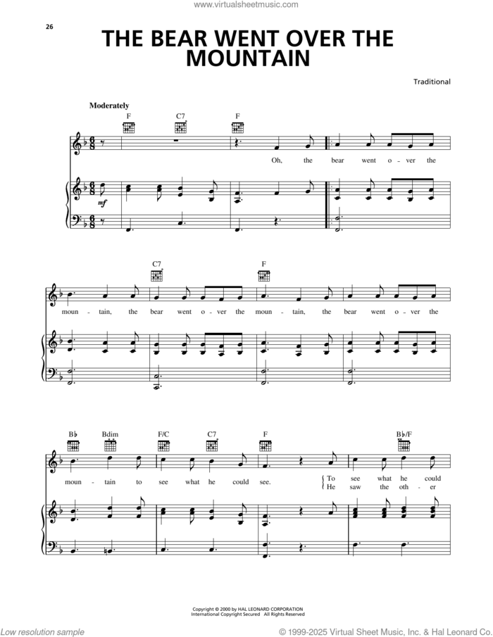 The Bear Went Over The Mountain sheet music for voice, piano or guitar, intermediate skill level