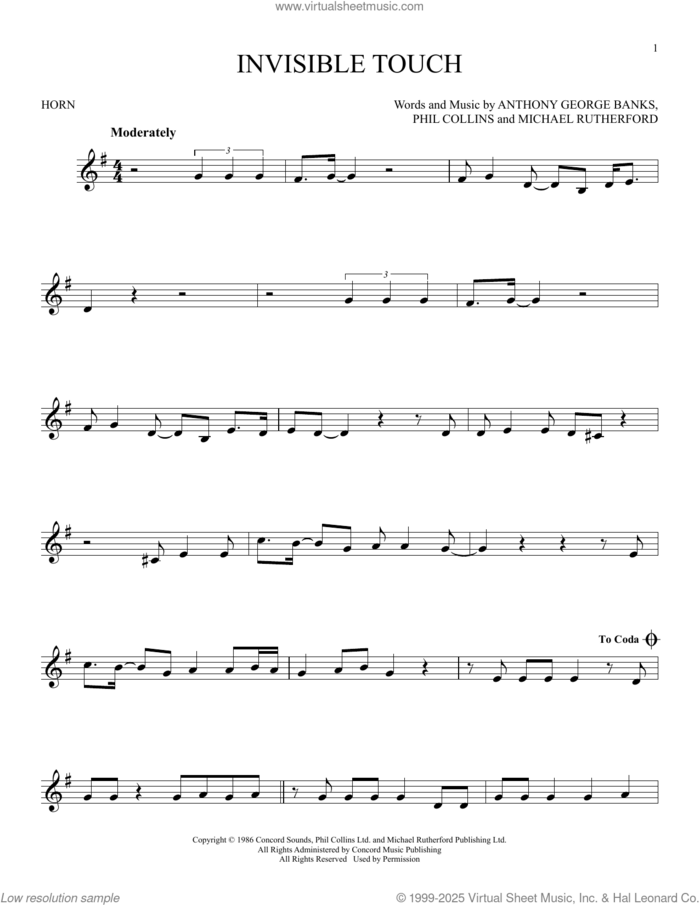 Invisible Touch sheet music for horn solo by Genesis, Anthony George Banks, Michael Rutherford and Phil Collins, intermediate skill level