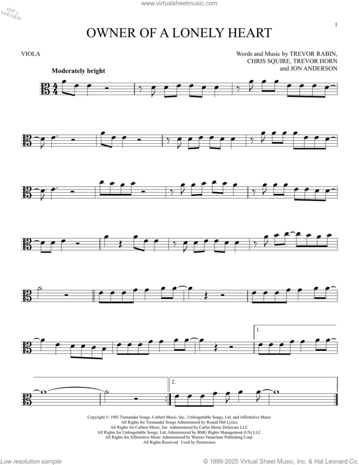 Owner Of A Lonely Heart sheet music for viola solo by Yes, Chris Squire, Jon Anderson, Trevor Horn and Trevor Rabin, intermediate skill level