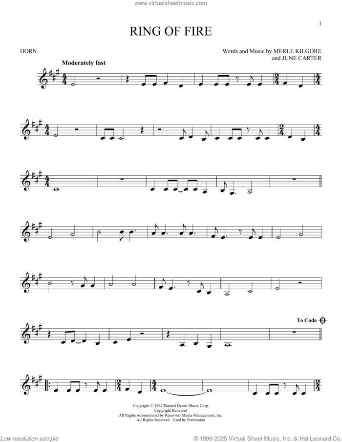 Ring Of Fire sheet music for horn solo by Johnny Cash, June Carter and Merle Kilgore, intermediate skill level