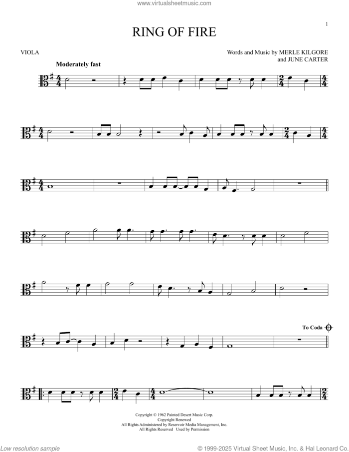 Ring Of Fire sheet music for viola solo by Johnny Cash, June Carter and Merle Kilgore, intermediate skill level