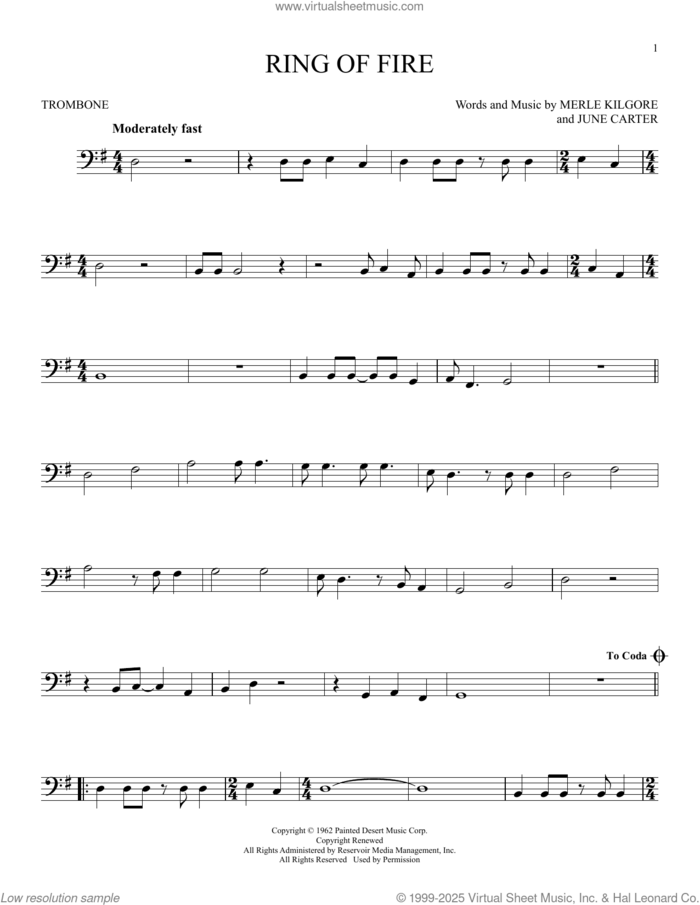 Ring Of Fire sheet music for trombone solo by Johnny Cash, June Carter and Merle Kilgore, intermediate skill level