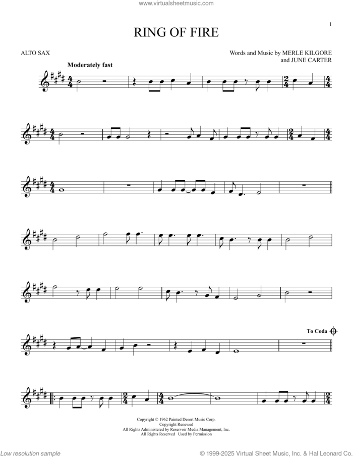 Ring Of Fire sheet music for alto saxophone solo by Johnny Cash, June Carter and Merle Kilgore, intermediate skill level