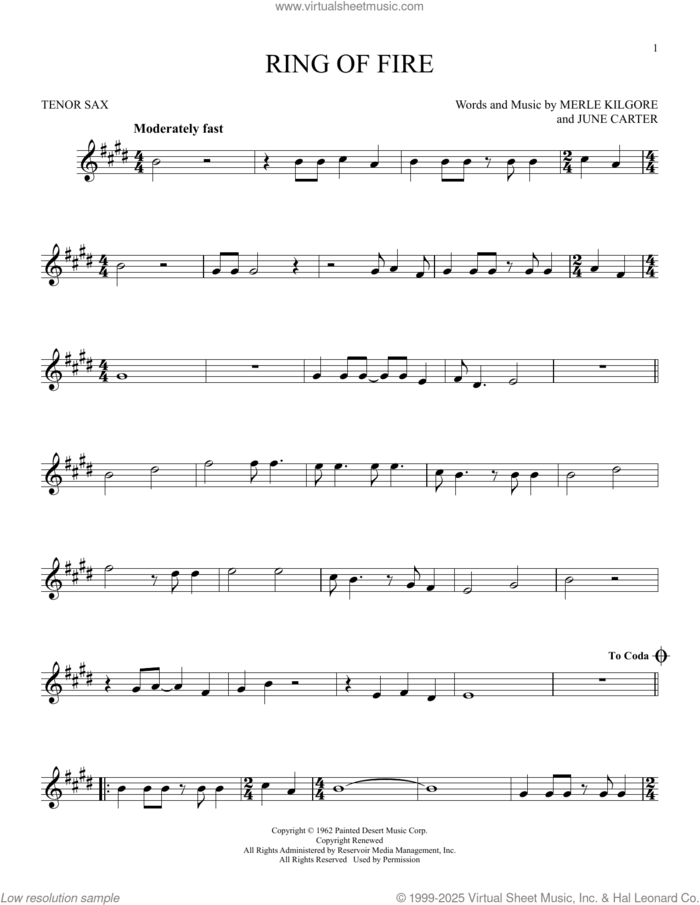 Ring Of Fire sheet music for tenor saxophone solo by Johnny Cash, June Carter and Merle Kilgore, intermediate skill level