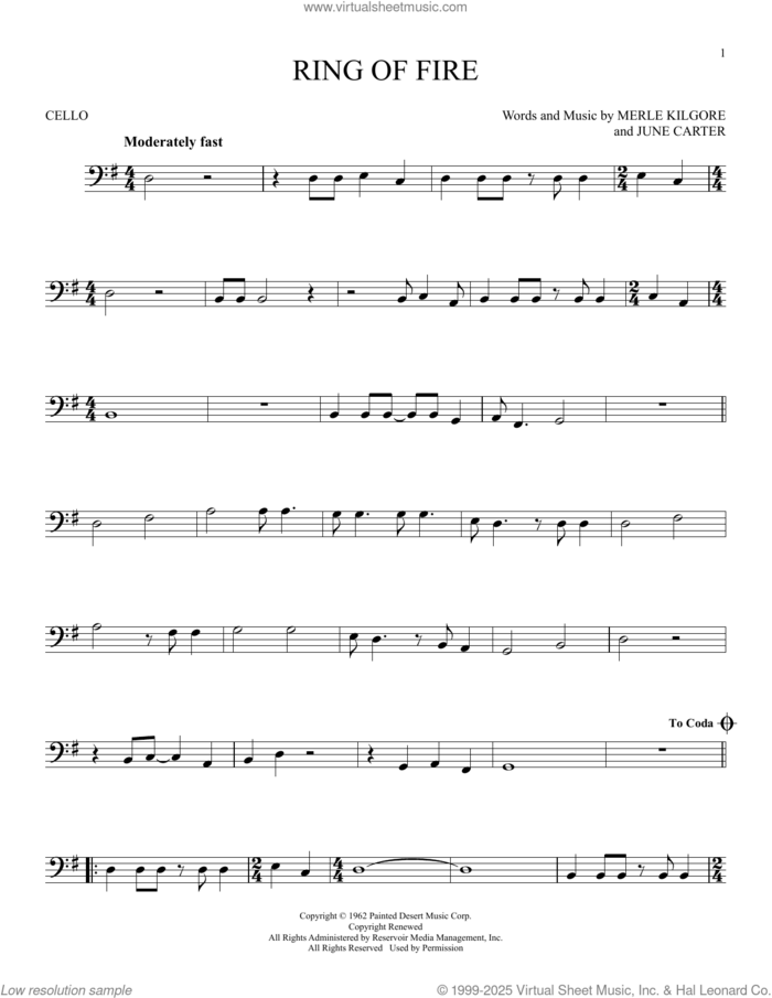 Ring Of Fire sheet music for cello solo by Johnny Cash, June Carter and Merle Kilgore, intermediate skill level