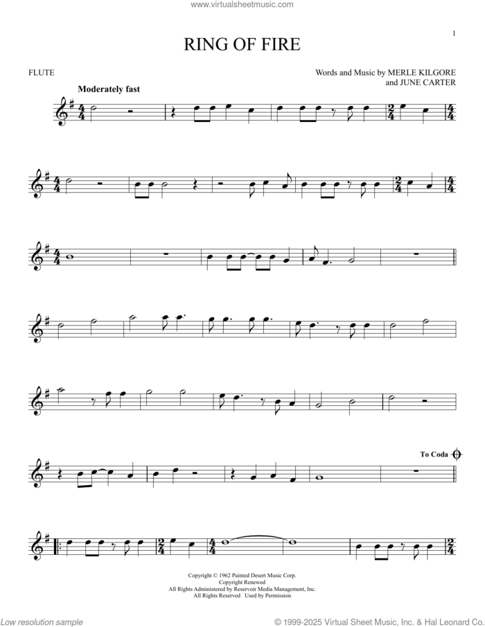 Ring Of Fire sheet music for flute solo by Johnny Cash, June Carter and Merle Kilgore, intermediate skill level