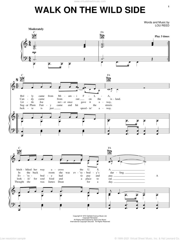 Walk On The Wild Side sheet music for voice, piano or guitar by Lou Reed, intermediate skill level
