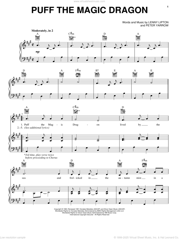 Puff The Magic Dragon sheet music for voice, piano or guitar by Peter, Paul & Mary, Lenny Lipton and Peter Yarrow, intermediate skill level