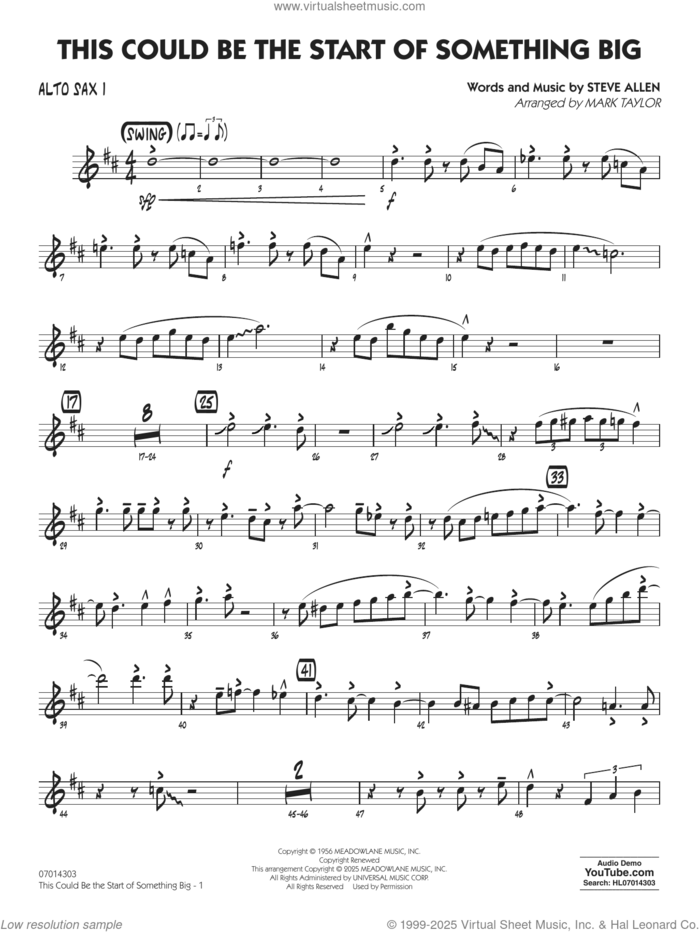 This Could Be The Start Of Something Big (arr. Mark Taylor) sheet music for jazz band (alto sax 1) by Steve Allen and Mark Taylor, intermediate skill level