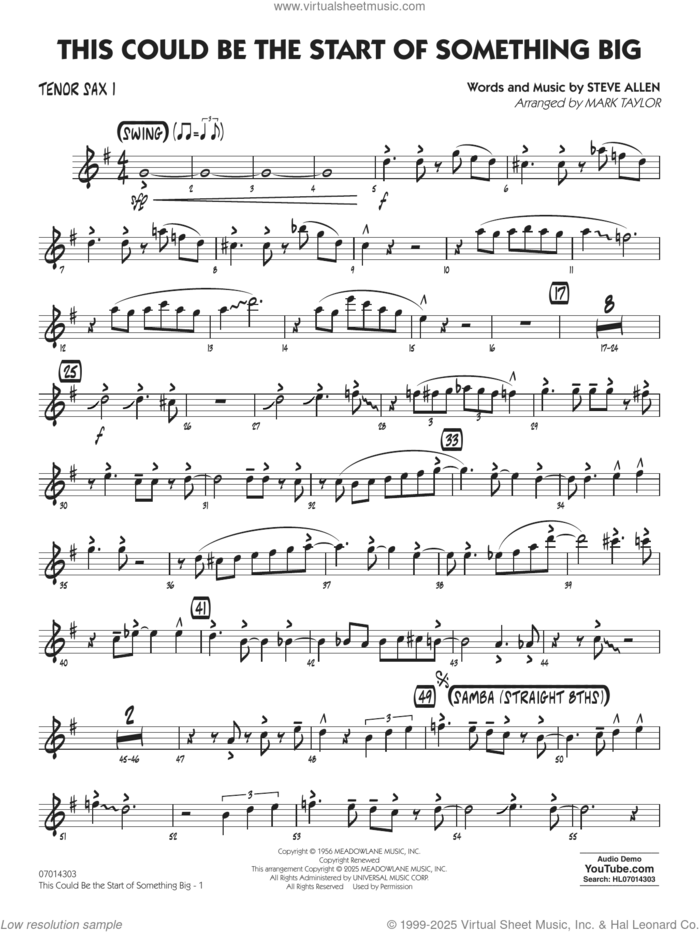 This Could Be The Start Of Something Big (arr. Mark Taylor) sheet music for jazz band (tenor sax 1) by Steve Allen and Mark Taylor, intermediate skill level